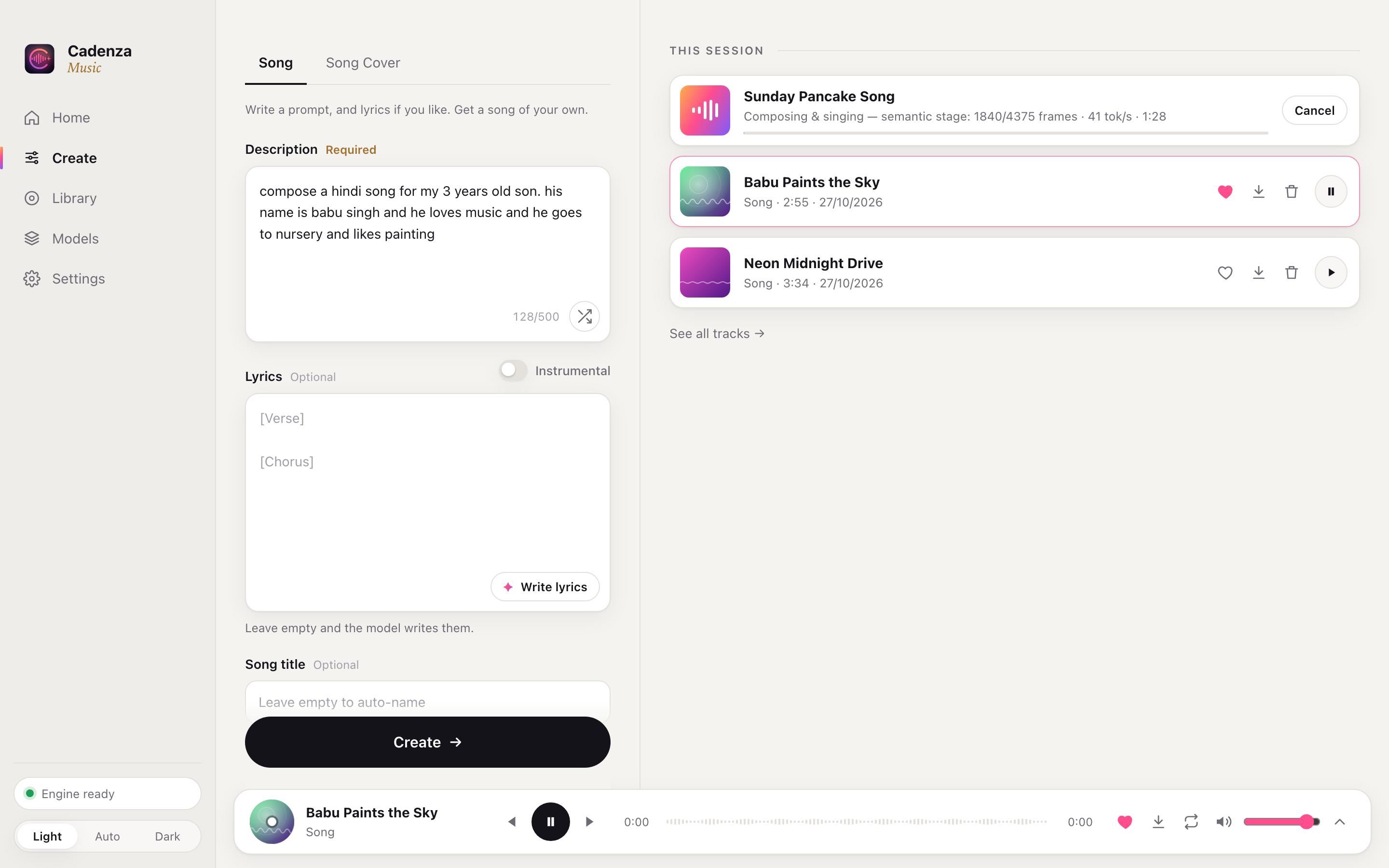 Cadenza's Create screen: a description of a Hindi children's song, a song being composed, and the player